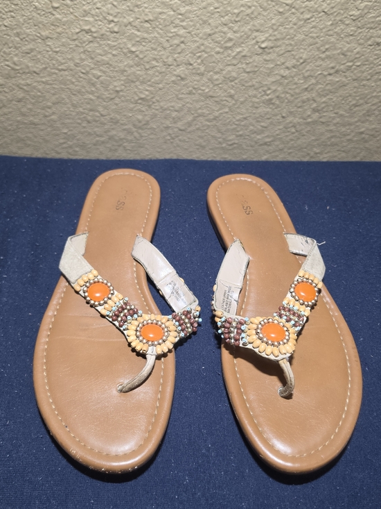 Bass Shoes - Bass Tan Leather Flip Flop Sandals with Orange Beaded Accents